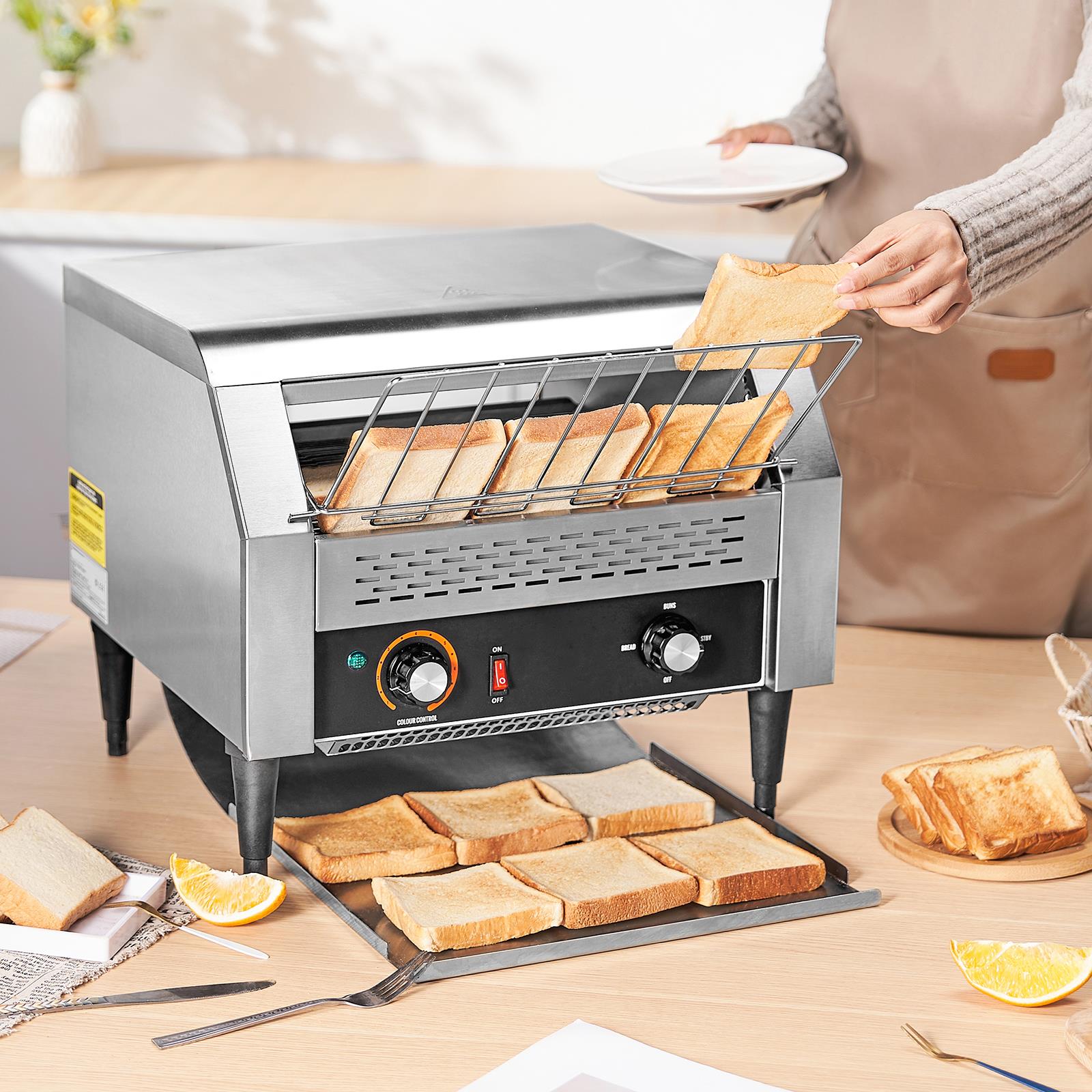 Kitchen Appliances - 業務用コンベア式トースター。1時間あたり450枚のパンを焼くことができ、頑丈なステンレス製で、電気式。レストランや厨房で使用できるパン、ベーグル、食パンなどを焼くための機械。